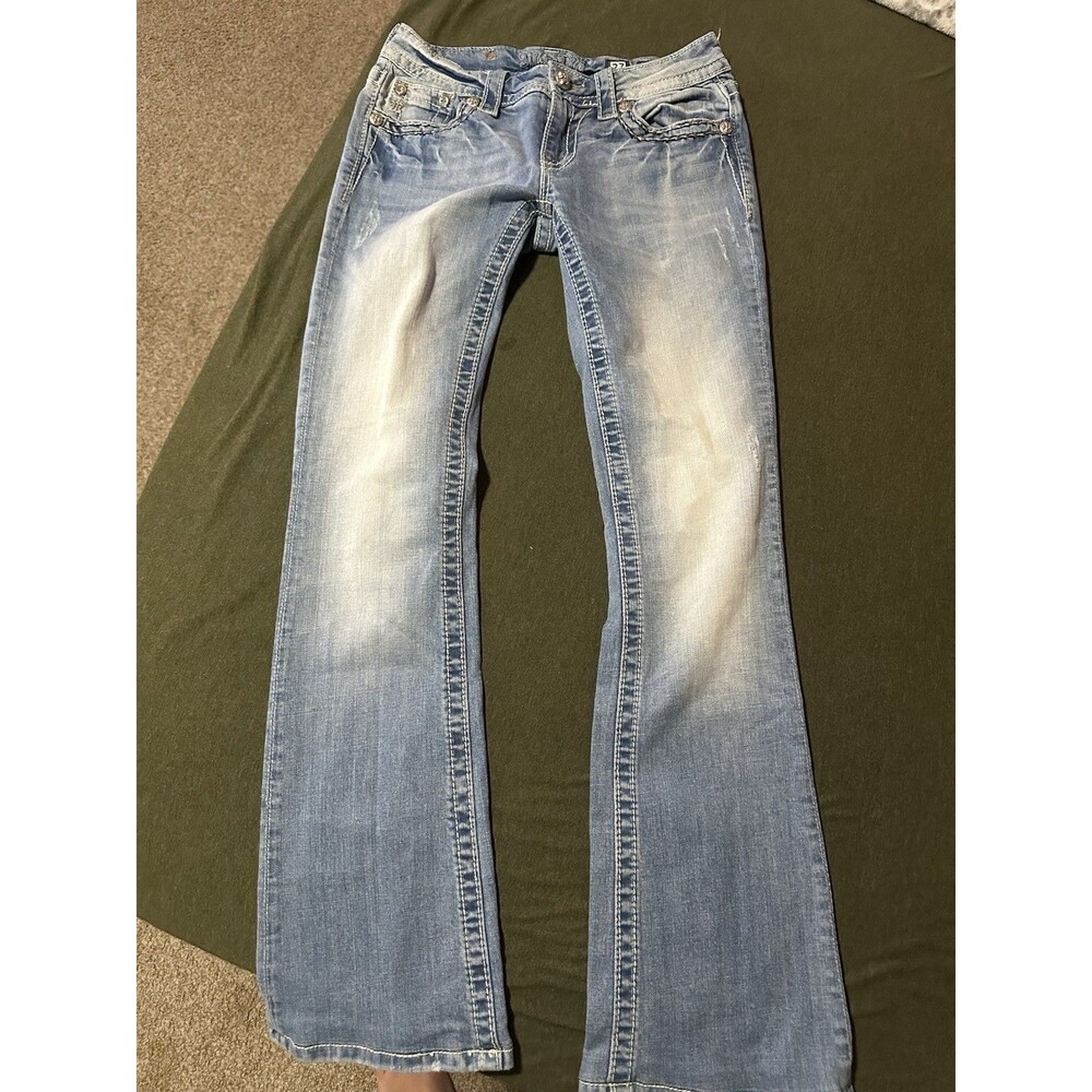 Miss Me Jeans Size 27 Light Blue Signature Leaf Vines Embroidered Pocket 29x30 - Picture 2 of 7
